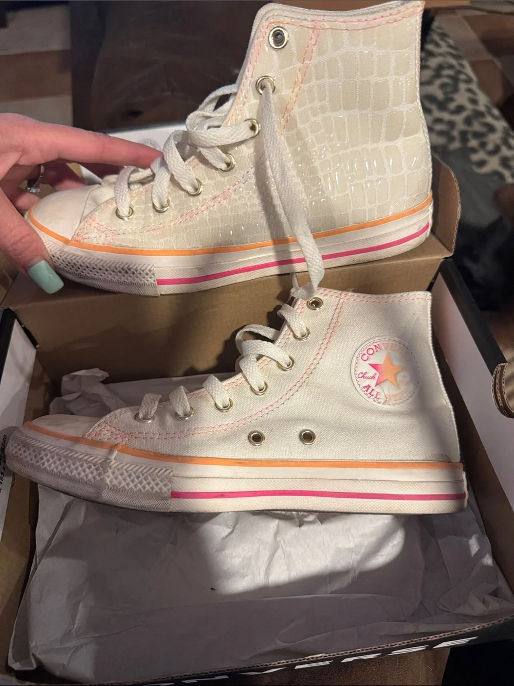 Converse Kids High-Top Sneakers in Cream with Pink & Orange Trim